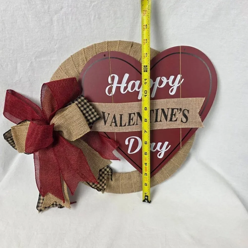 Happy Valentine's Day Heart Sign Burlap Wreath Red Bow Wooden Door Hanger Decor
